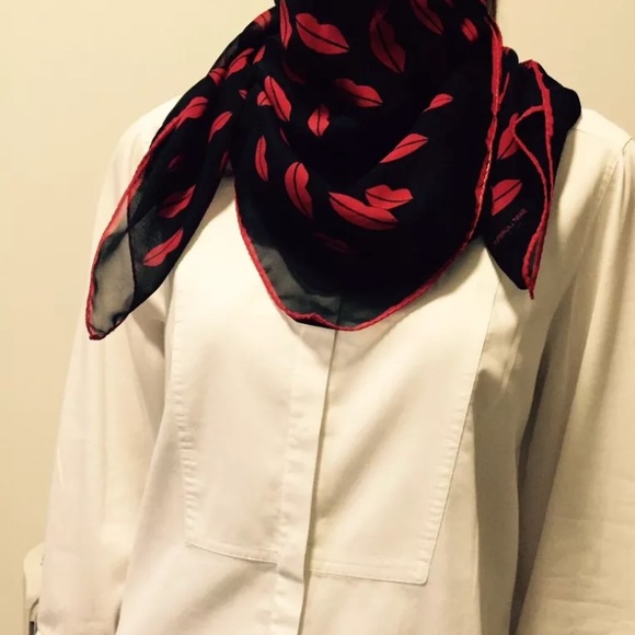 YSL Saint Laurent Paris scarf silk printed signature design sheer red lips - Picture 3 of 7